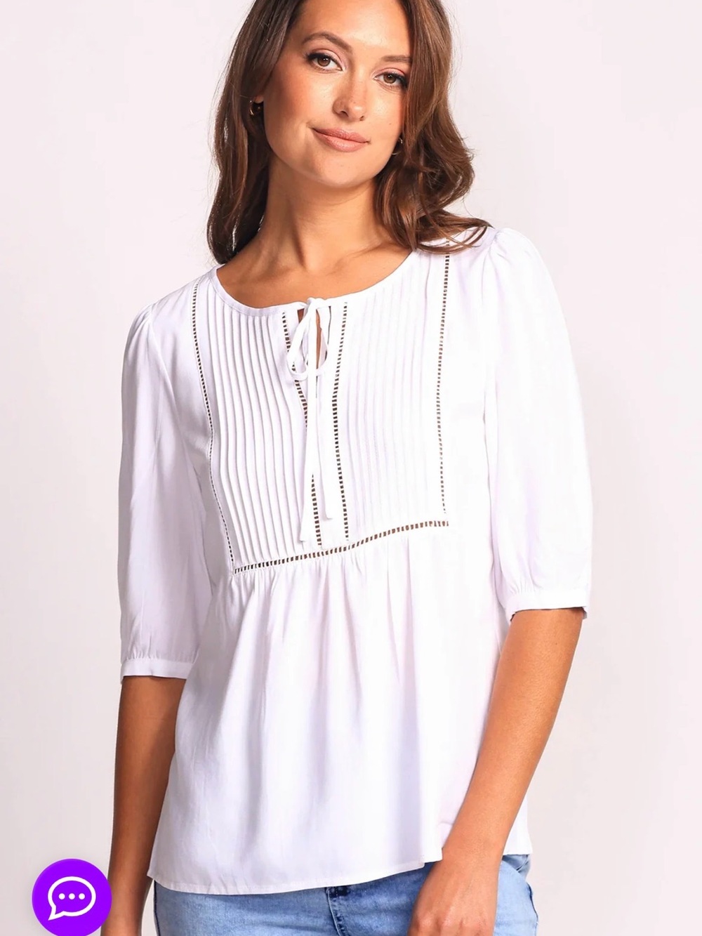 Pink Martini White Pintuck Tie-Neck Peasant Blouse